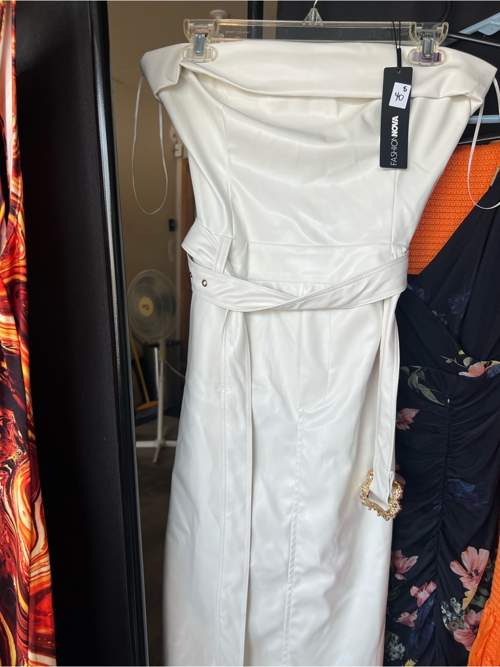 Fashion Nova White Strapless Faux-Leather Midi Dress with Belt